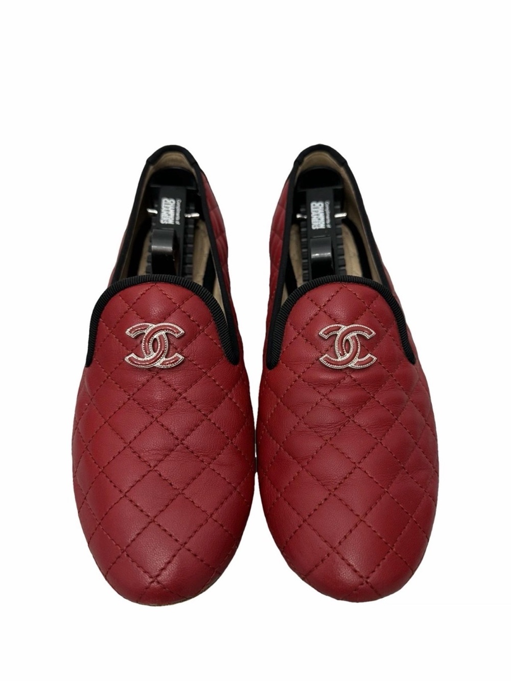 CHANEL Quilted Red Leather Slip-On Loafers with CC Emblem